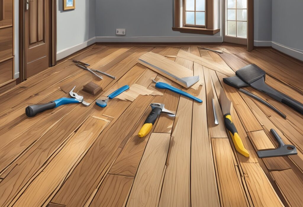 A damaged hardwood floor with visible scratches and dents, surrounding tools and materials for repair