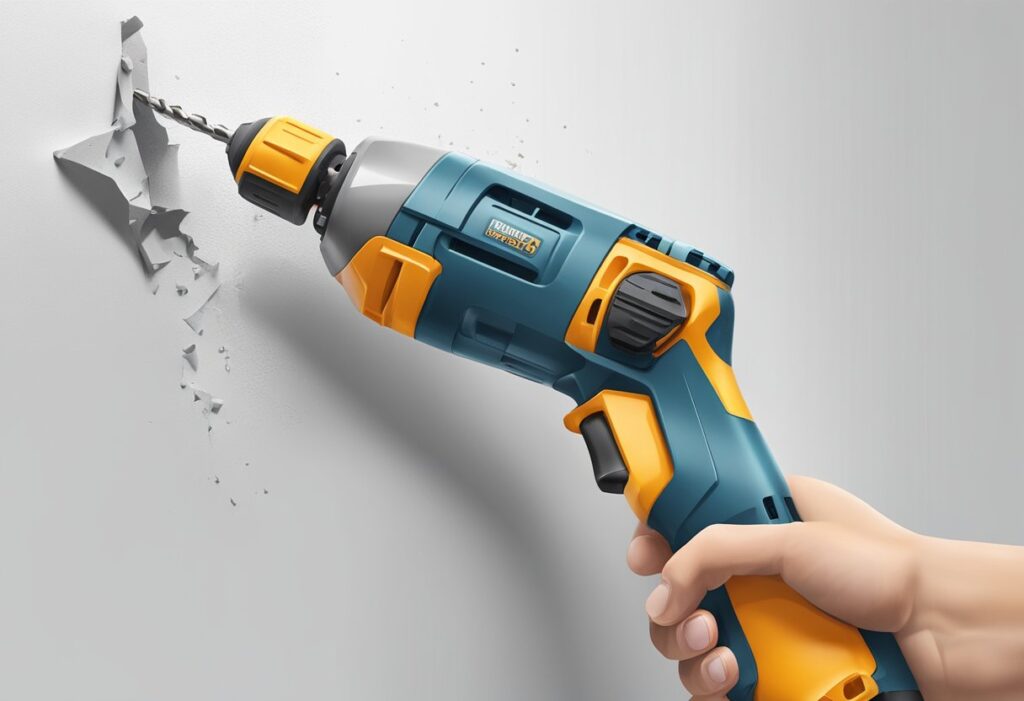 A hand drill removes drywall anchors from a white wall, with debris falling to the floor below