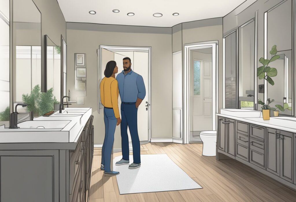 A bathroom with modern fixtures and a sleek design. A contractor discussing financing options with a homeowner