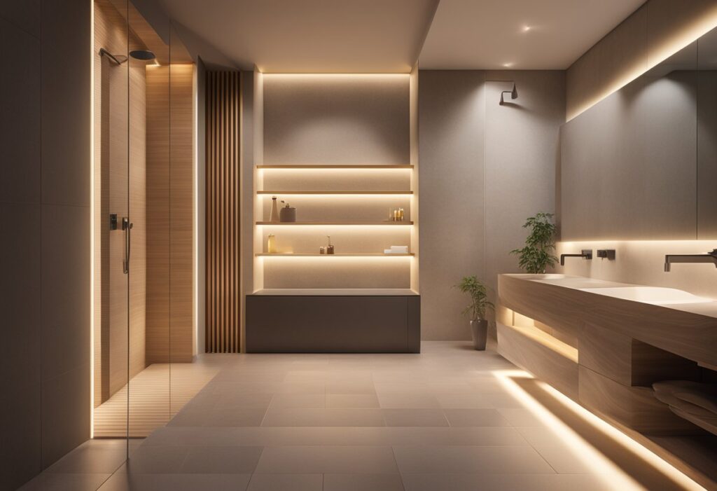 warm accent shower niche lighting in a modern luxury bathroom