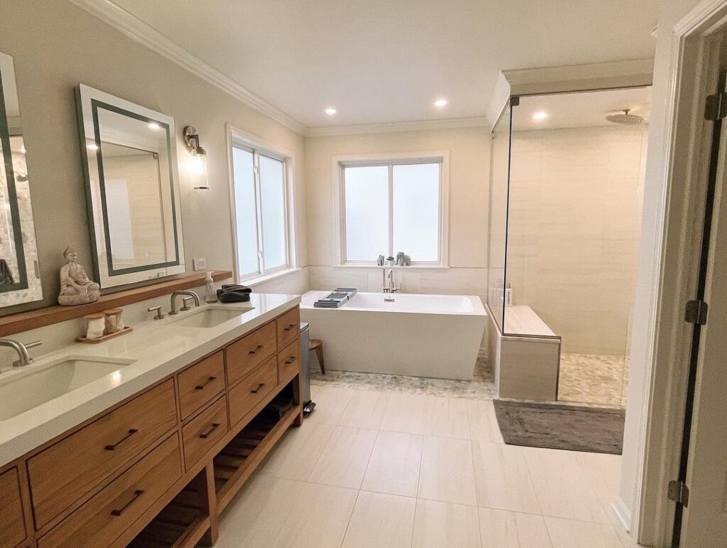 master bathroom remodel chicago. stand alone tub, curbless shower, bench seat, rain fall shower head